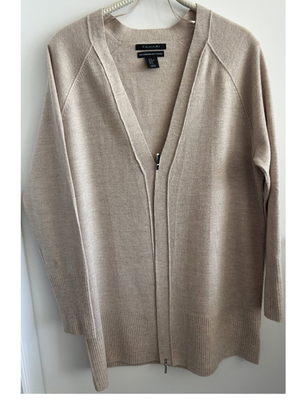 Tahari Tan Extra Fine Merino Wool Open Front Cardigan Sweater Sz XL
